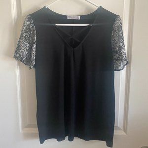 89th + Madison Black Blouse with Floral Sleeves Size L